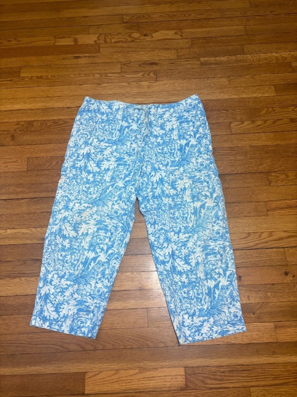 Talbots Womens Cropped Pants Plus Size 18 Blue White Floral Stretch Cotton Crop